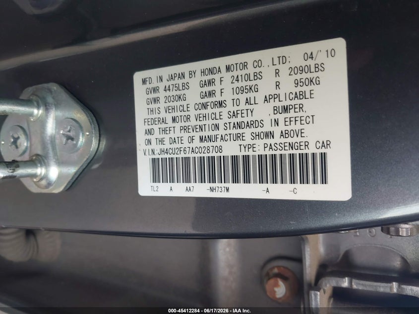 2010 Acura Tsx VIN JH4CU2F67AC028708 IAAI salvage auction — FRONT END, Clear (Virginia), sold $1,050 on 2026-07-21 (photo 9)