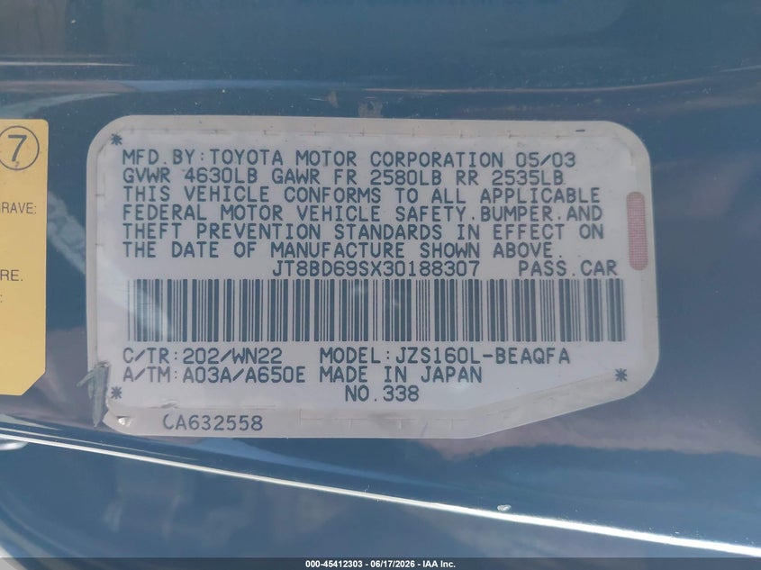 2003 Lexus Gs 300 VIN JT8BD69SX30188307 IAAI salvage auction — RIGHT FRONT, Salvage (California), sold $450 on 2026-07-22 (photo 9)