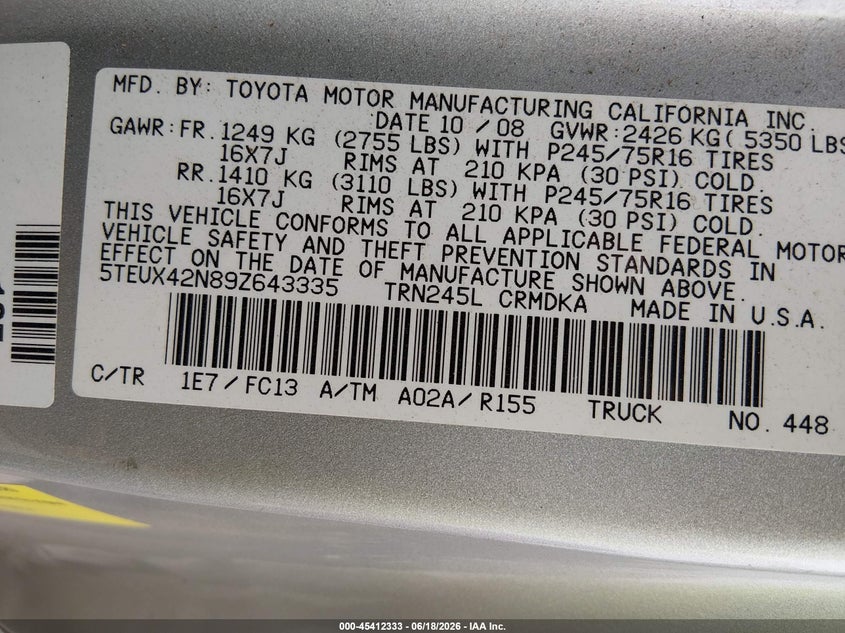 2009 Toyota Tacoma VIN 5TEUX42N89Z643335 IAAI salvage auction — LEFT SIDE, Salvage (Massachusetts), sold $4,150 on 2026-07-28 (photo 9)
