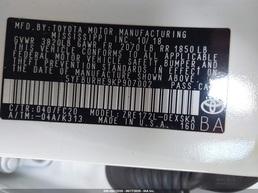 2019 Toyota Corolla VIN 5YFBURHE9KP907002 IAAI salvage auction — FRONT END, Rebuildable (Florida), sold $1,500 on 2026-07-08 (photo 9)