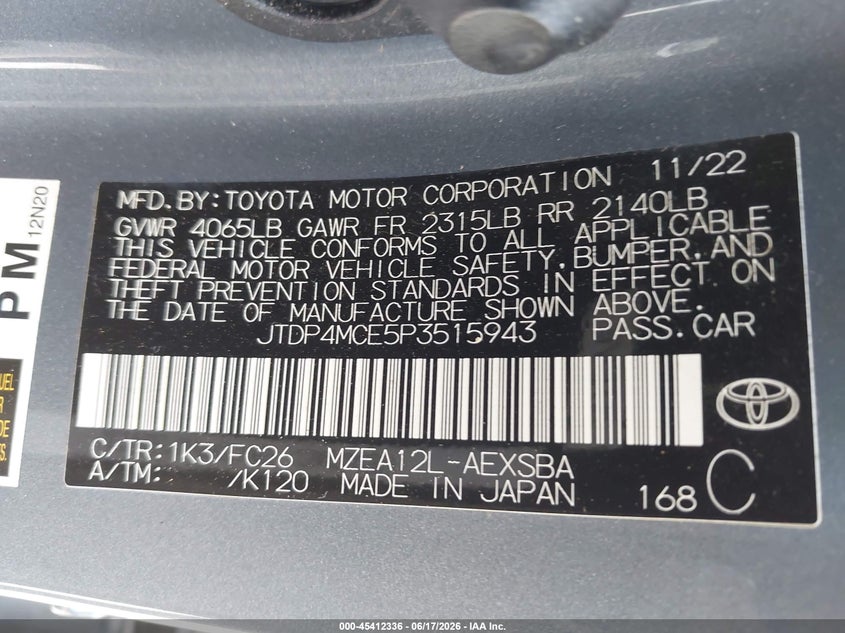 2023 Toyota Corolla VIN JTDP4MCE5P3515943 IAAI salvage auction — REAR END, Salvage Title, sold $8,600 on 2026-07-20 (photo 9)