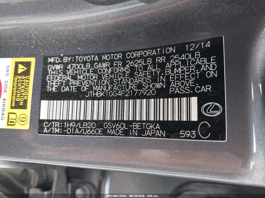 2015 Lexus ES VIN JTHBK1GG4F2177920 IAAI salvage auction — FRONT END, Salvage - 75% Or Less (Maryland), sold $4,975 on 2026-07-08 (photo 9)