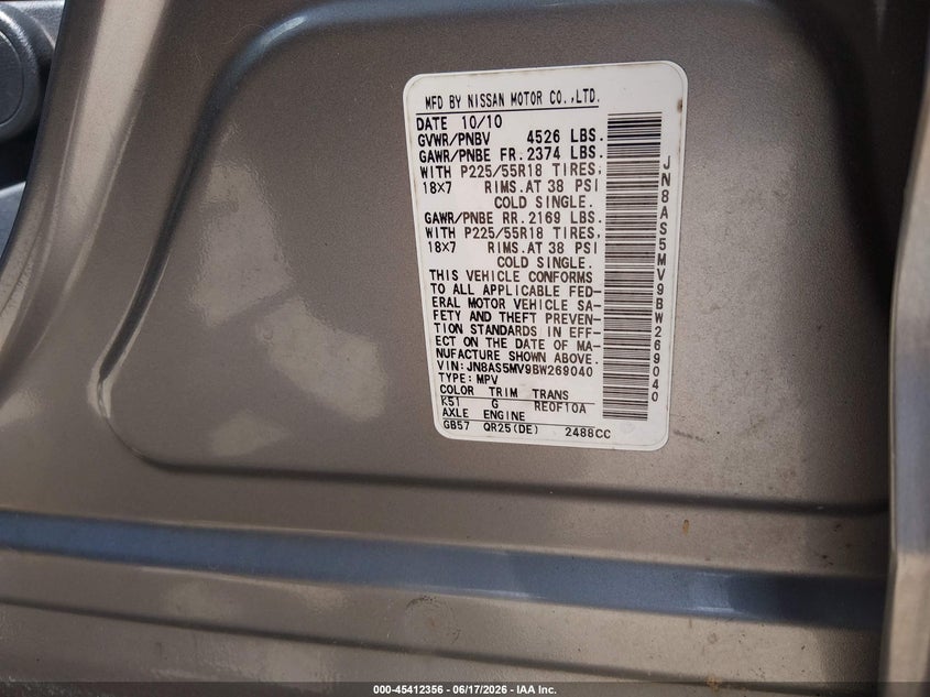2011 Nissan Rogue sport VIN JN8AS5MV9BW269040 IAAI salvage auction — REAR END, Salvage - Greater Than 75% (Maryland), sold $275 on 2026-07-11 (photo 9)