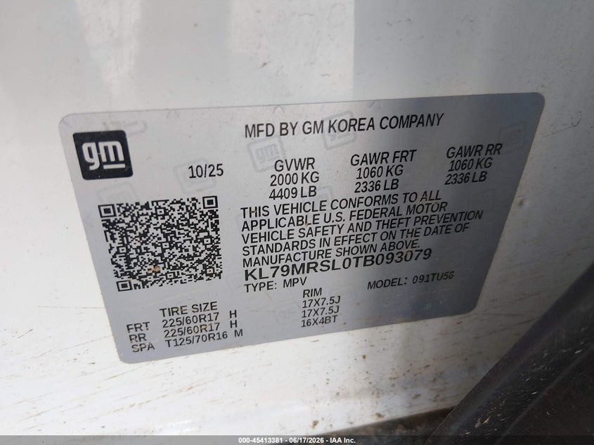 2026 Chevrolet Trailblazer VIN KL79MRSL0TB093079 IAAI salvage auction — FRONT END, Enterprise Vehicles Clear Only (Kansas), sold $15,500 on 2026-07-08 (photo 9)