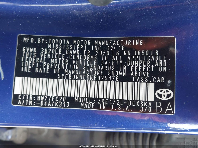 2019 Toyota Corolla VIN 5YFBURHE0KP925176 IAAI salvage auction — FRONT & REAR, Salvage Title, sold $5,000 on 2026-07-16 (photo 9)