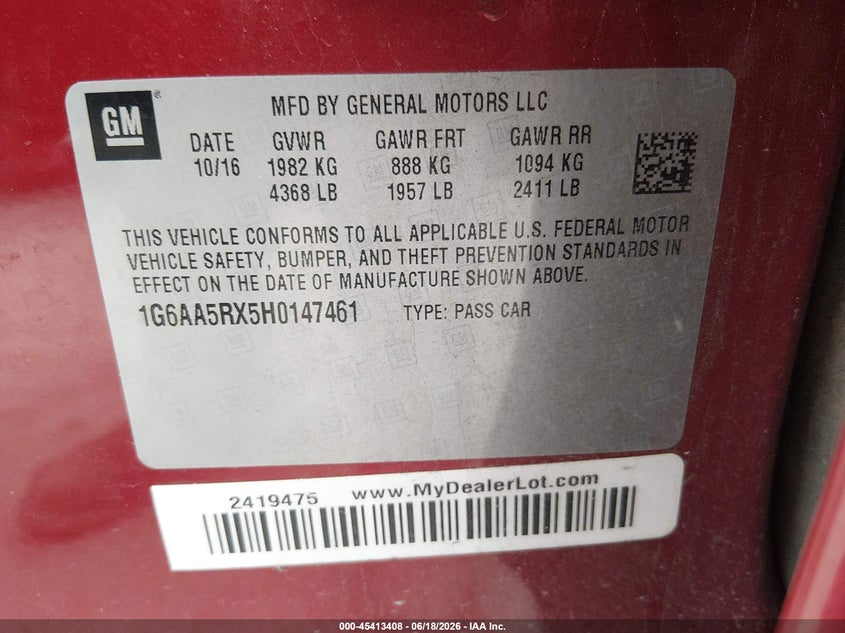 2017 Cadillac Ats VIN 1G6AA5RX5H0147461 IAAI salvage auction — RIGHT SIDE, Salvage (Texas), sold $2,600 on 2026-07-28 (photo 9)