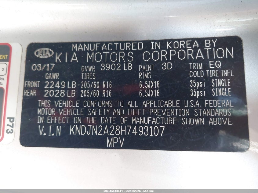 2017 Kia Soul VIN KNDJN2A28H7493107 IAAI salvage auction — NORMAL WEAR, Original (Texas), sold $1,125 on 2026-07-29 (photo 9)