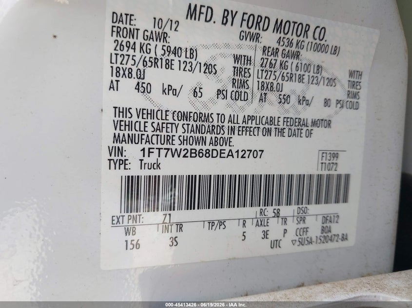 2013 Ford F250 VIN 1FT7W2B68DEA12707 IAAI salvage auction — LEFT & RIGHT, Junk Bill Of Sale Mv2459 (Wisconsin), sold $5,425 on 2026-07-09 (photo 9)