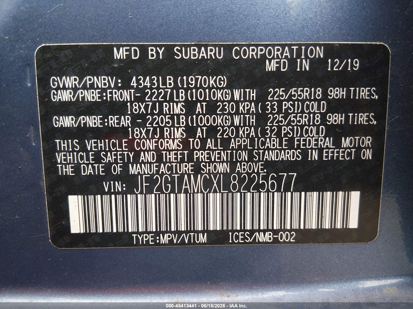 2020 Subaru Xv VIN JF2GTAMCXL8225677 IAAI salvage auction — FRONT END, Salvage (Massachusetts), sold $2,000 on 2026-07-17 (photo 9)