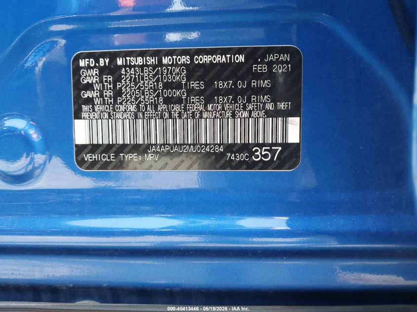 2021 Mitsubishi Outlander VIN JA4APUAU2MU024284 IAAI salvage auction — FRONT END, Salvage (Tennessee), sold $3,050 on 2026-07-28 (photo 9)