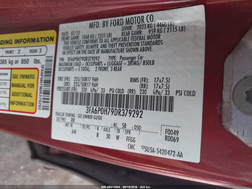 2013 Ford Fusion VIN 3FA6P0H79DR379292 IAAI salvage auction — FRONT END, Salvage Title, sold $2,050 on 2026-07-31 (photo 9)
