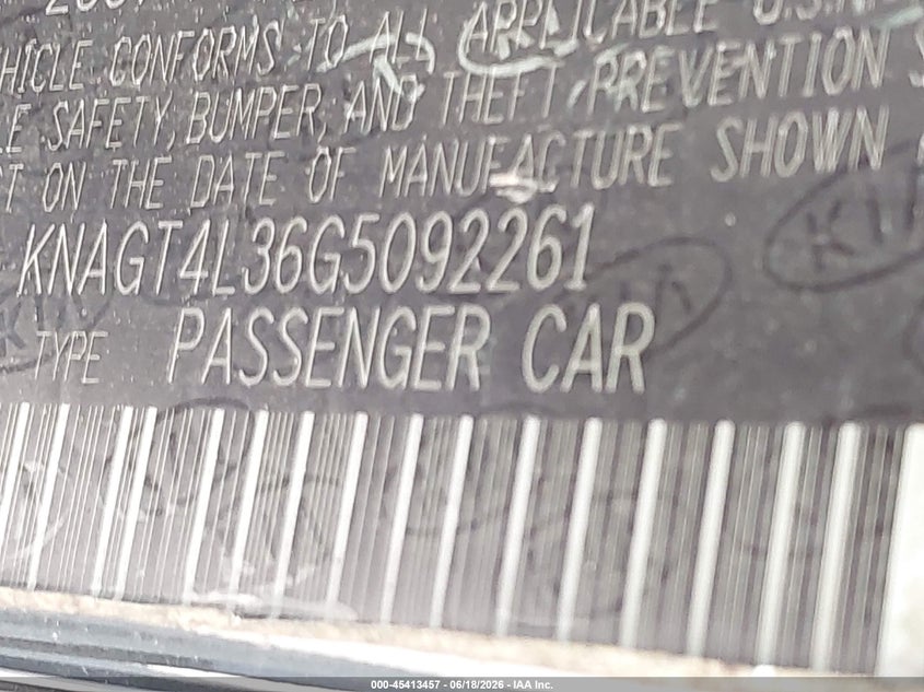 2016 Kia Optima VIN KNAGT4L36G5092261 IAAI salvage auction — NORMAL WEAR, Original (Texas), sold $975 on 2026-07-24 (photo 9)
