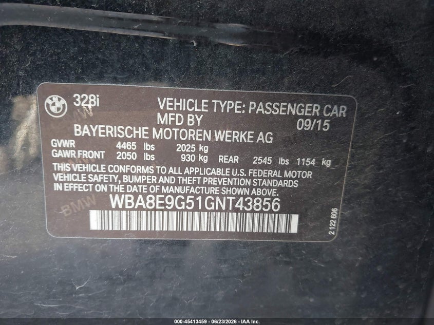 2016 BMW VIN WBA8E9G51GNT43856 IAAI salvage auction — FRONT END, Original (Texas), sold $2,500 on 2026-08-06 (photo 9)