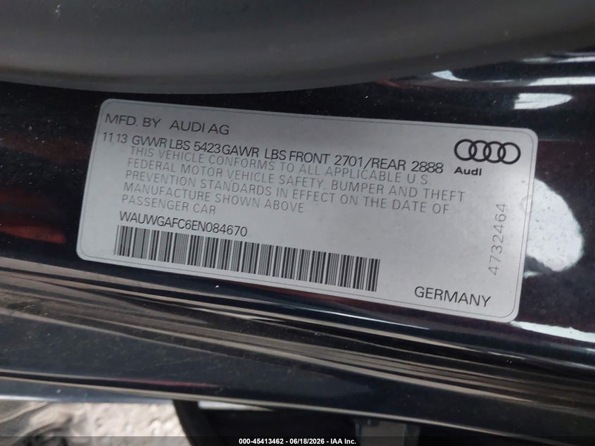 2014 Audi A7 VIN WAUWGAFC6EN084670 IAAI salvage auction — ELECTRICAL, Salvage (Pennsylvania), sold $1,300 on 2026-07-24 (photo 9)
