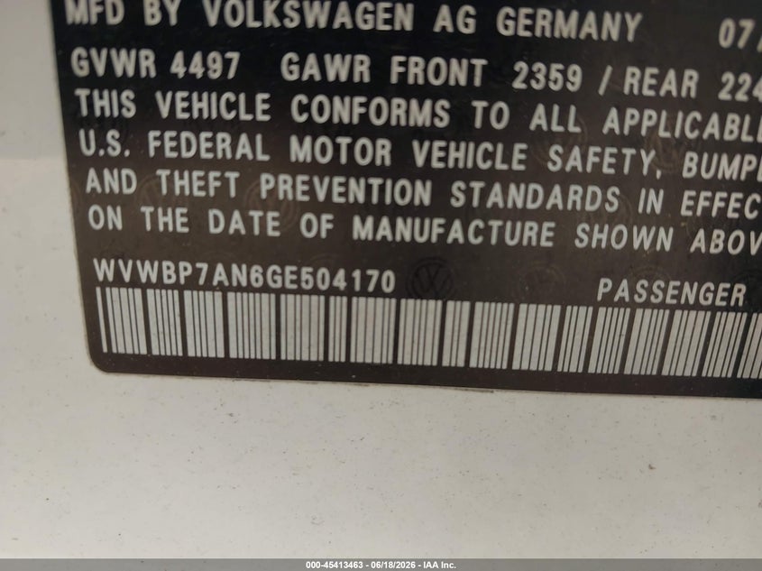 2016 Volkswagen Passat cc VIN WVWBP7AN6GE504170 IAAI salvage auction — FRONT END, Salvage (North Carolina), sold $700 on 2026-07-20 (photo 9)