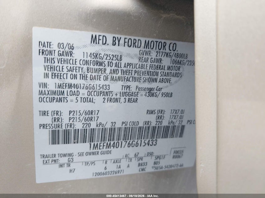 2006 Mercury Montego VIN 1MEFM40176G615433 IAAI salvage auction — HAIL, Salvage (Texas), sold $300 on 2026-07-10 (photo 9)