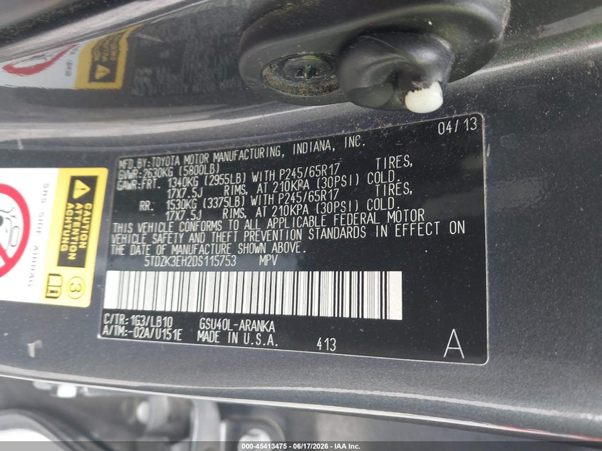 2013 Toyota Highlander VIN 5TDZK3EH2DS115753 IAAI salvage auction — ALL OVER, Salvage Title, sold $3,850 on 2026-07-16 (photo 9)