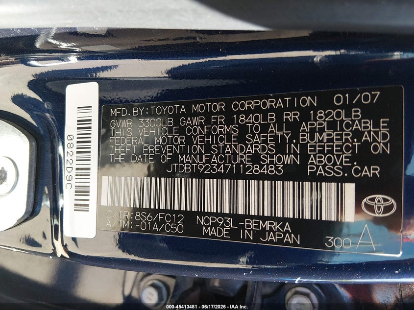 2007 Toyota Yaris VIN JTDBT923471128483 IAAI salvage auction — FRONT END, Salvage (Utah), sold $1,325 on 2026-07-23 (photo 9)