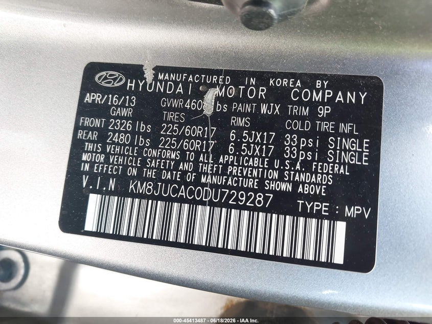 2013 Hyundai Tucson VIN KM8JUCAC0DU729287 IAAI salvage auction — FRONT & REAR, Salvage Title, sold $1,100 on 2026-07-09 (photo 9)