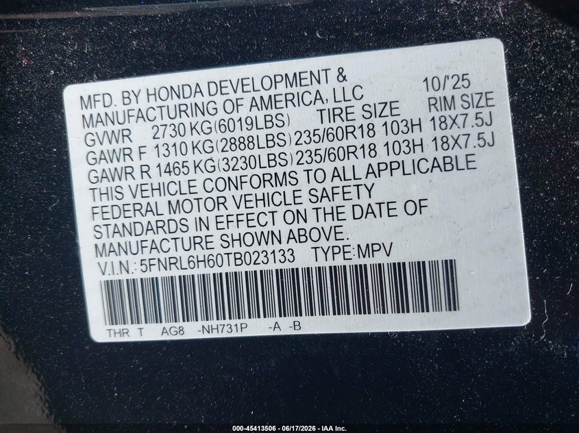 2026 Honda Odyssey VIN 5FNRL6H60TB023133 IAAI salvage auction — LEFT FRONT, Salvage Title, sold $13,600 on 2026-07-29 (photo 9)