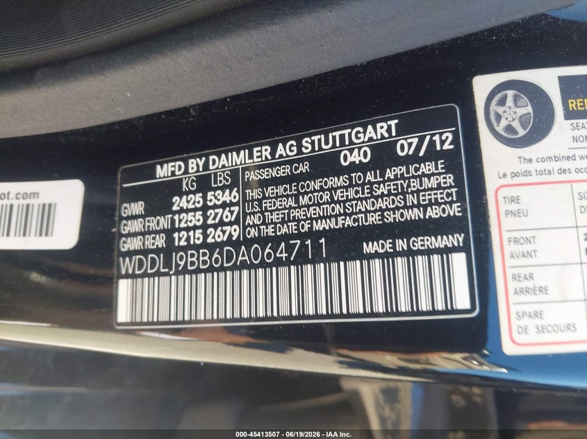 2013 Mercedes-benz Cls-klasse VIN WDDLJ9BB6DA064711 IAAI salvage auction — RIGHT FRONT, Salvage Title, sold $2,850 on 2026-07-21 (photo 9)