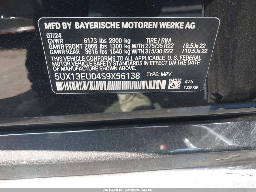 2025 BMW X5 VIN 5UX13EU04S9X56138 IAAI salvage auction — RIGHT FRONT, Salvage Certificate (California), sold $33,800 on 2026-07-10 (photo 9)