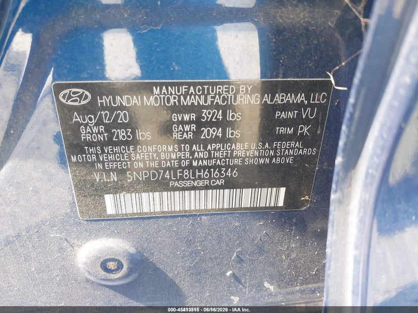 2020 Hyundai Elantra VIN 5NPD74LF8LH616346 IAAI salvage auction — NORMAL WEAR, SF97 (California), sold $7,100 on 2026-07-29 (photo 9)