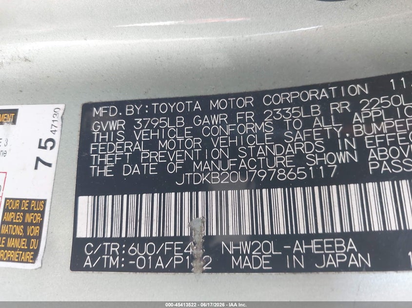 2009 Toyota Prius VIN JTDKB20U797865117 IAAI salvage auction — NORMAL WEAR, Clear - Dealer Only (California), sold $1,200 on 2026-07-29 (photo 9)
