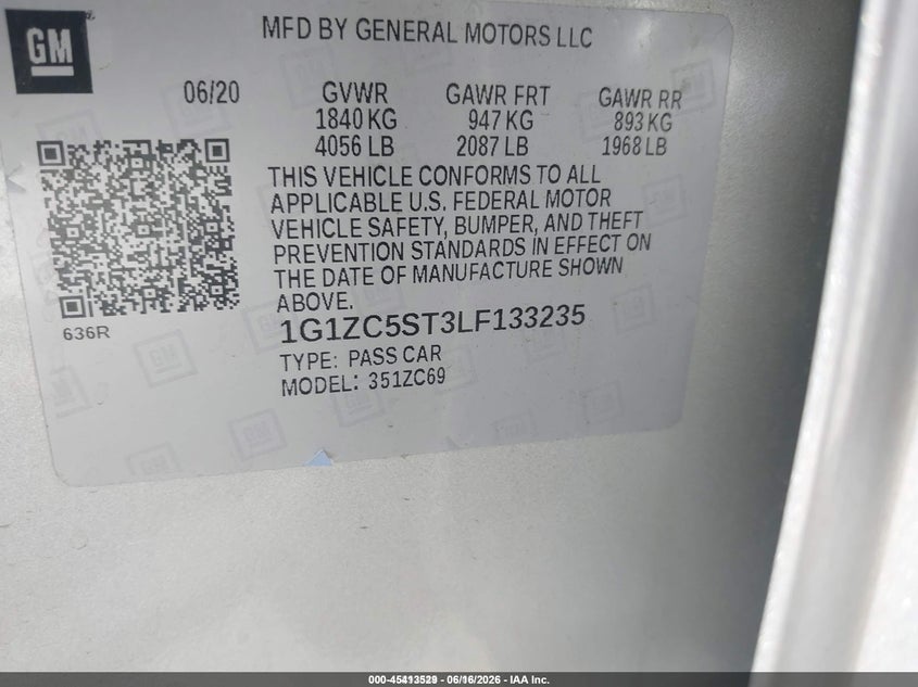 2020 Chevrolet Malibu VIN 1G1ZC5ST3LF133235 IAAI salvage auction — RIGHT SIDE, SF97 (California), sold $10,100 on 2026-07-29 (photo 9)