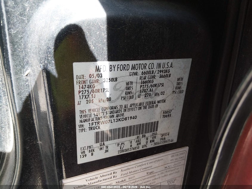 2003 Ford F-150 VIN 1FTRW07L13KD81940 IAAI salvage auction — REAR END, Clear (Indiana), sold $450 on 2026-07-18 (photo 9)