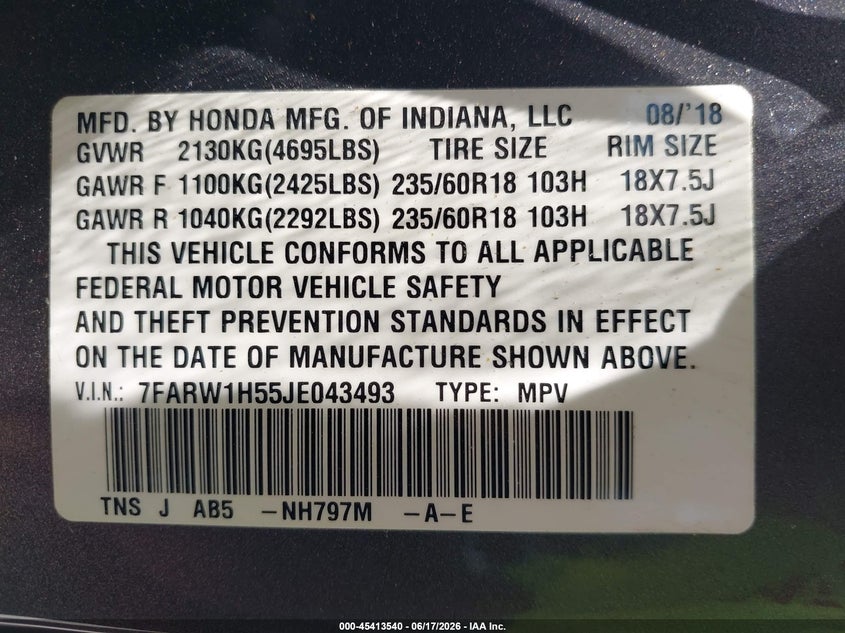 2018 Honda Cr-v VIN 7FARW1H55JE043493 IAAI salvage auction — FRONT END, Salvage Title, sold $6,800 on 2026-07-13 (photo 9)