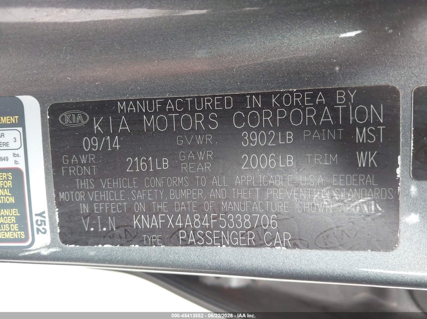 2015 Kia Forte VIN KNAFX4A84F5338706 IAAI salvage auction — NORMAL WEAR, Clear (New York), sold $725 on 2026-07-17 (photo 9)