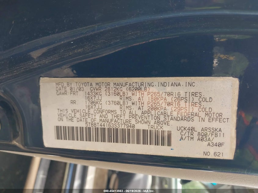 2003 Toyota Tundra VIN 5TBBT44163S377940 IAAI salvage auction — LEFT FRONT, Clear (Massachusetts), sold $850 on 2026-07-28 (photo 9)