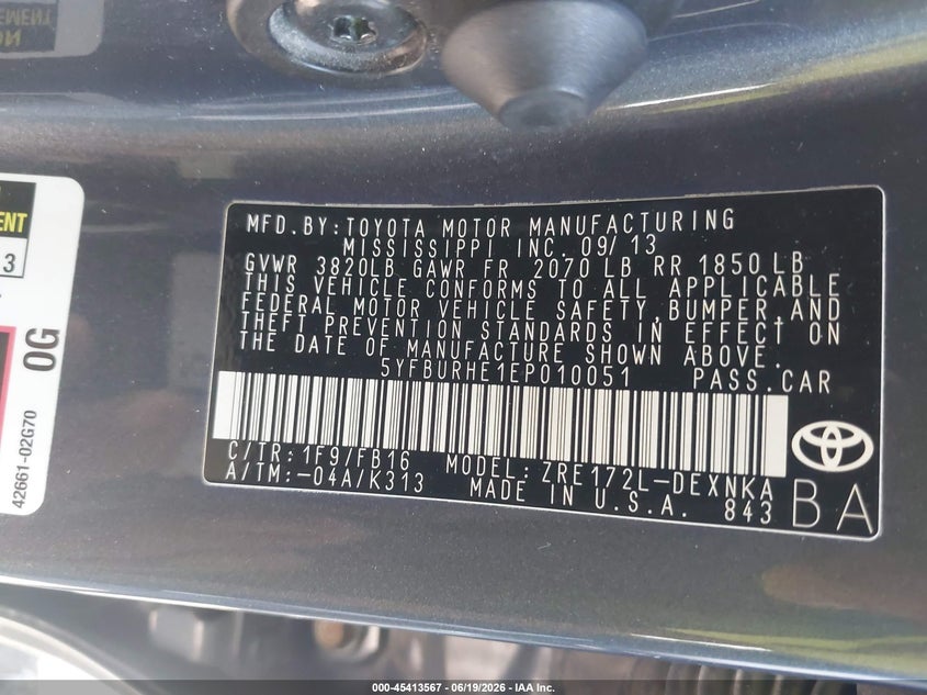 2014 Toyota Corolla VIN 5YFBURHE1EP010051 IAAI salvage auction — RIGHT SIDE, Clear (Indiana), sold $1,650 on 2026-07-22 (photo 9)