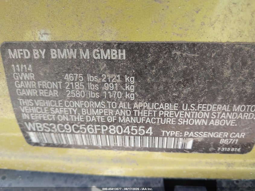 2015 BMW M3 VIN WBS3C9C56FP804554 IAAI salvage auction — FRONT END, Salvage (Virginia), sold $6,350 on 2026-07-28 (photo 9)