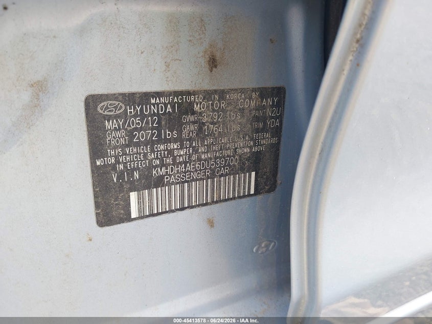 2013 Hyundai Elantra VIN KMHDH4AE6DU539700 IAAI salvage auction — NORMAL WEAR, Clear (Montana), sold $475 on 2026-07-29 (photo 9)
