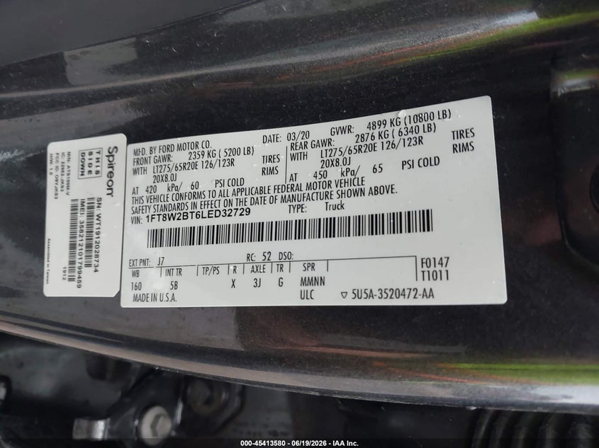 2020 Ford F250 VIN 1FT8W2BT6LED32729 IAAI salvage auction — STORM DAMAGE, Salvage (Texas), sold $22,500 on 2026-07-28 (photo 8)