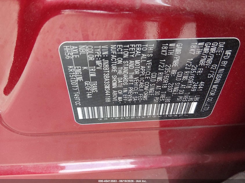 2025 Nissan Rogue VIN JN8BT3BA3SW344188 IAAI salvage auction — FRONT END, Rebuildable (Florida), sold $4,550 on 2026-07-06 (photo 9)