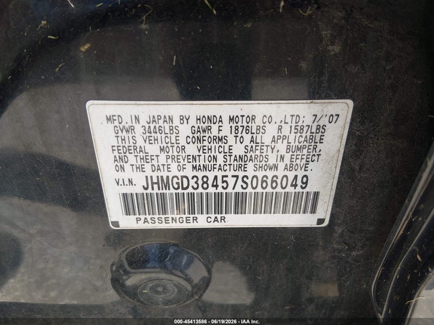 2007 Honda Fit VIN JHMGD38457S066049 IAAI salvage auction — NORMAL WEAR, Clear (Pennsylvania), sold $225 on 2026-07-15 (photo 9)