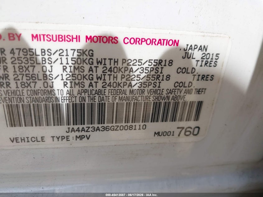 2016 Mitsubishi Outlander VIN JA4AZ3A36GZ008110 IAAI salvage auction — RIGHT FRONT, Clear (Virginia), sold $2,950 on 2026-07-06 (photo 9)