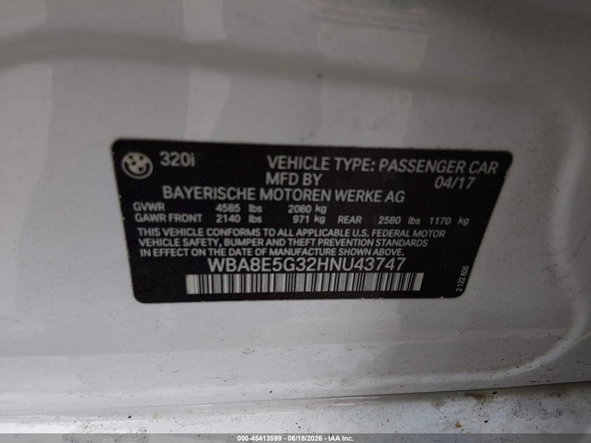 2017 BMW 3er VIN WBA8E5G32HNU43747 IAAI salvage auction — REAR END, Salvage (New Jersey), sold $1,600 on 2026-08-03 (photo 9)