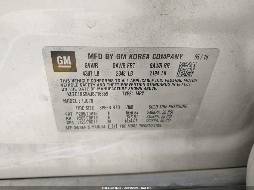 2018 Chevrolet Trax VIN KL7CJNSB4JB716859 IAAI salvage auction — ROLLOVER, Salvage (California), sold $1,350 on 2026-07-14 (photo 9)