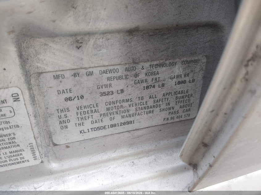 2011 Chevrolet Aveo VIN KL1TD5DE1BB120991 IAAI salvage auction — FRONT END, Salvage (Virginia), sold $225 on 2026-07-28 (photo 9)