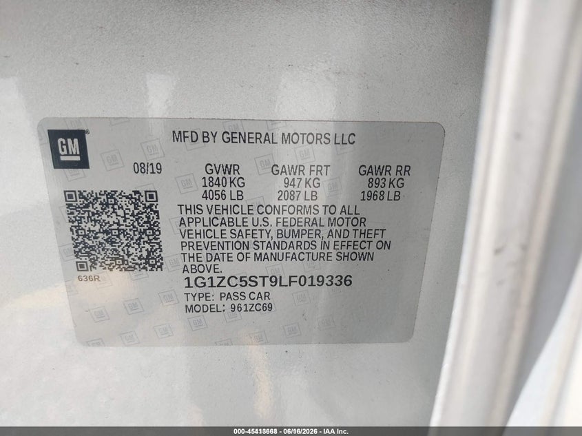 2020 Chevrolet Malibu VIN 1G1ZC5ST9LF019336 IAAI salvage auction — FRONT & REAR, SF97 (California), sold $11,300 on 2026-07-29 (photo 9)