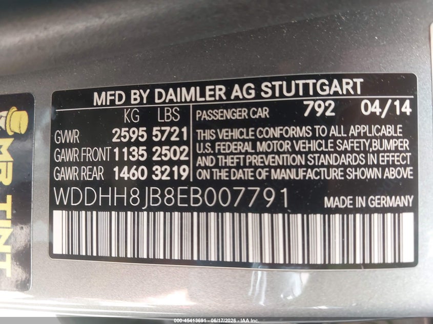 2014 Mercedes-benz VIN WDDHH8JB8EB007791 IAAI salvage auction — FRONT END, Salvage Title, sold $2,850 on 2026-07-21 (photo 9)