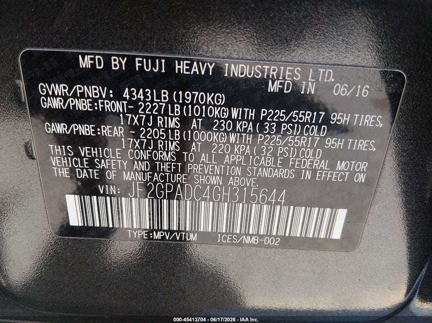 2016 Subaru Xv VIN JF2GPADC4GH315644 IAAI salvage auction — FRONT END, Salvage (Colorado), sold $700 on 2026-07-28 (photo 9)