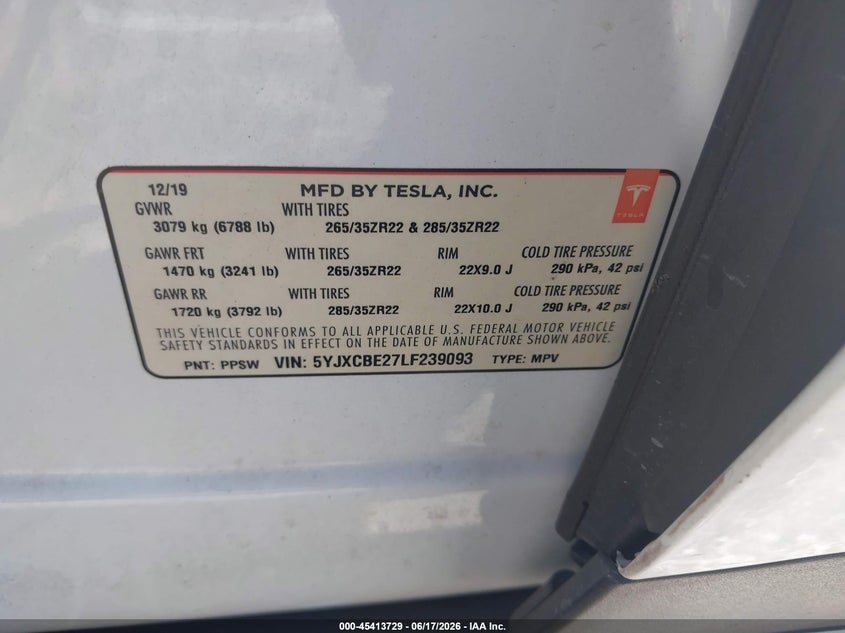 2020 Tesla Model x VIN 5YJXCBE27LF239093 IAAI salvage auction — RIGHT SIDE, Salvage Title, sold $9,100 on 2026-08-19 (photo 9)