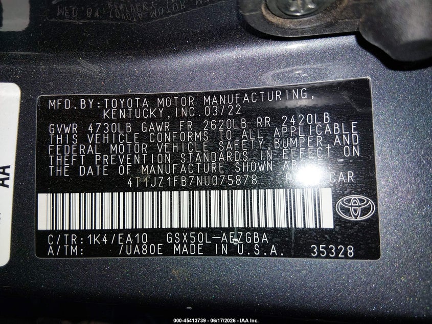 2022 Toyota Avalon VIN 4T1JZ1FB7NU075878 IAAI salvage auction — REAR END, Salvage Title, sold $11,300 on 2026-07-21 (photo 9)