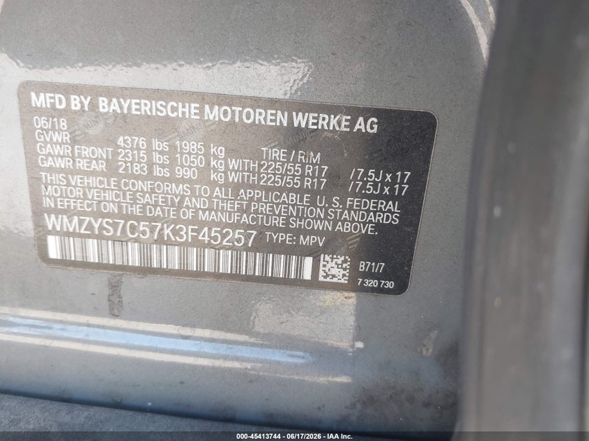 2019 Mini Countryman VIN WMZYS7C57K3F45257 IAAI salvage auction — RIGHT FRONT, Salvage Title, sold $1,700 on 2026-08-04 (photo 9)