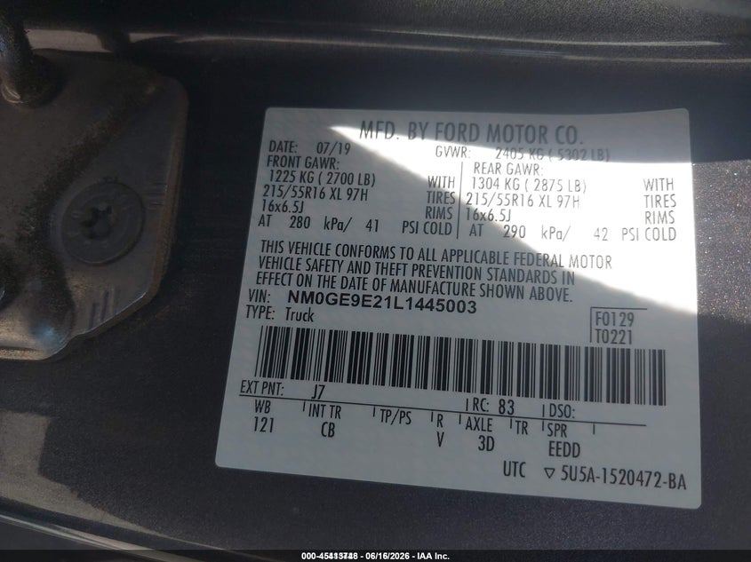 2020 Ford Transit connect VIN NM0GE9E21L1445003 IAAI salvage auction — NORMAL WEAR, SF97 (California), sold $9,650 on 2026-08-25 (photo 9)